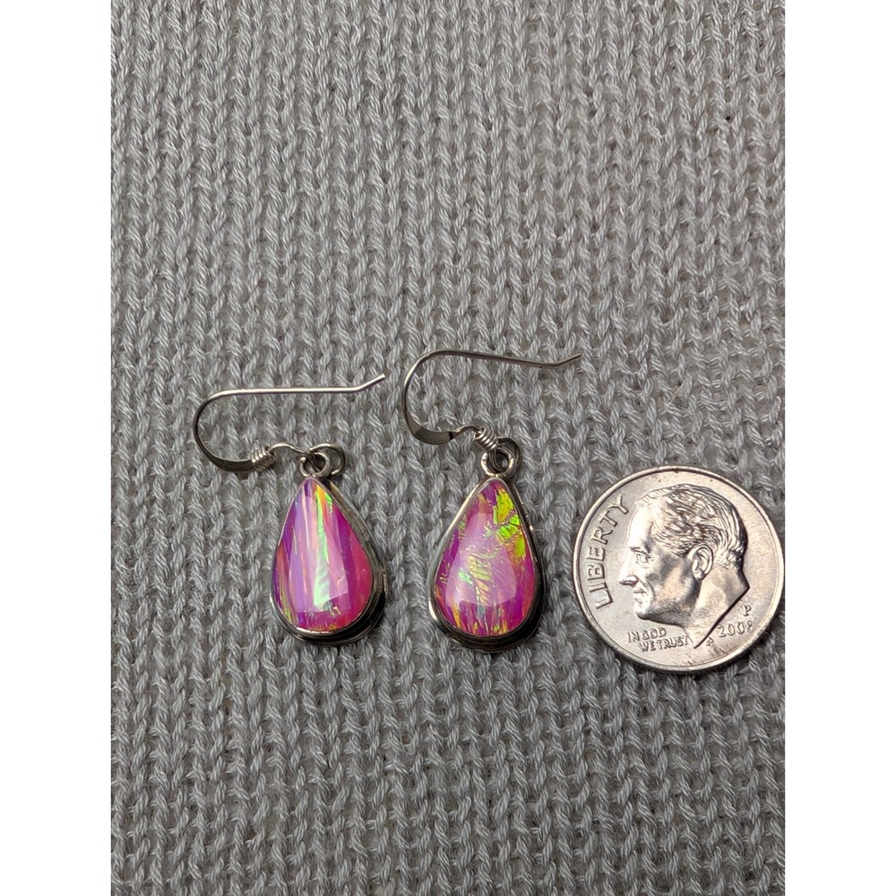 925 Silver sterling Earrings Hot Pink Gilson Aurora Opal Tear Drop Earrings - Picture 5 of 6